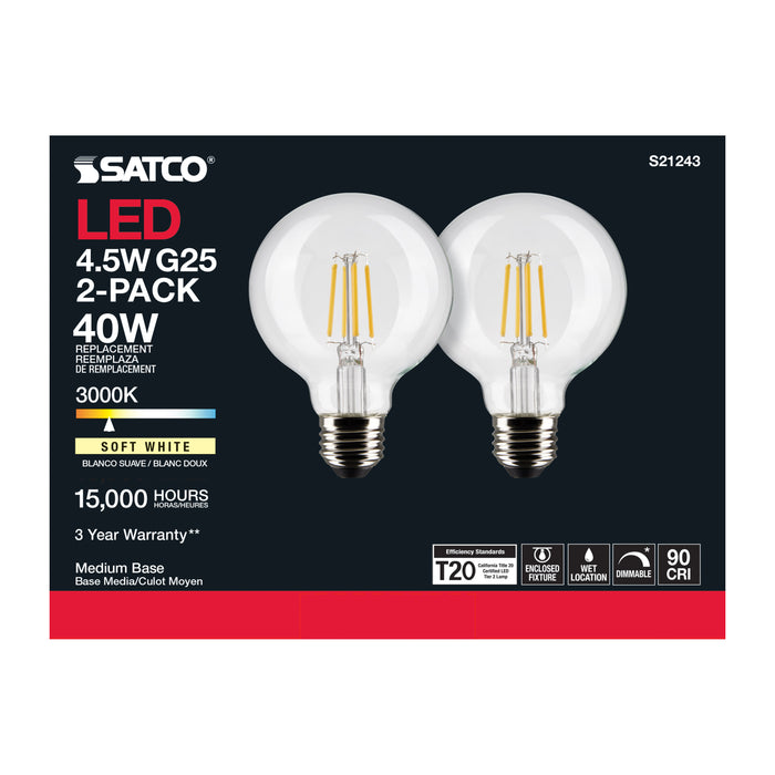 SATCO/NUVO 4.5W G25 LED Clear Medium Base 90 CRI 3000K 120V 2 Pack (S21243)