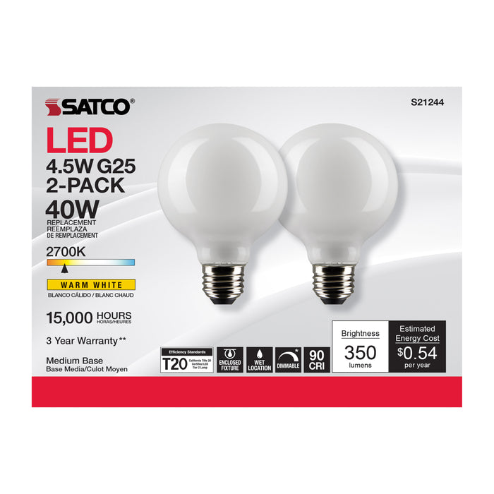 SATCO/NUVO 4.5W G25 LED White Medium Base 90 CRI 2700K 120V 2 Pack (S21244)