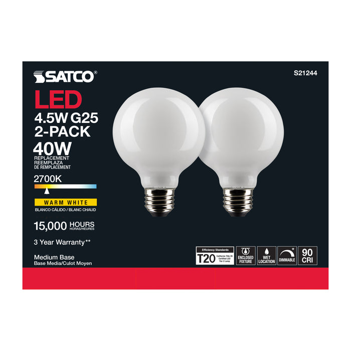 SATCO/NUVO 4.5W G25 LED White Medium Base 90 CRI 2700K 120V 2 Pack (S21244)