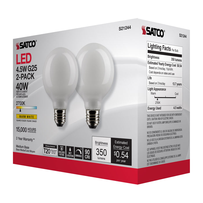 SATCO/NUVO 4.5W G25 LED White Medium Base 90 CRI 2700K 120V 2 Pack (S21244)