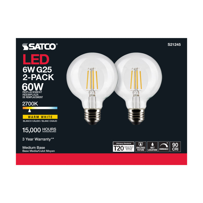 SATCO/NUVO 6W G25 LED Clear Medium Base 90 CRI 2700K 120V 2 Pack (S21245)
