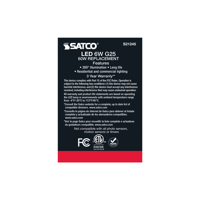 SATCO/NUVO 6W G25 LED Clear Medium Base 90 CRI 2700K 120V 2 Pack (S21245)