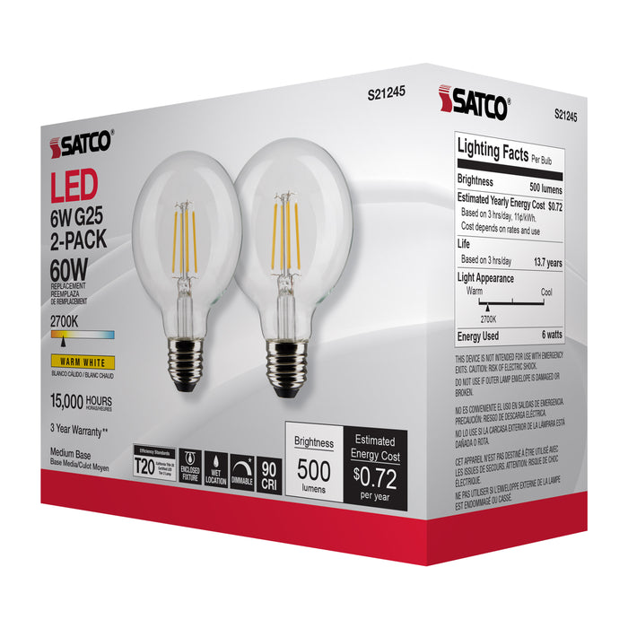 SATCO/NUVO 6W G25 LED Clear Medium Base 90 CRI 2700K 120V 2 Pack (S21245)