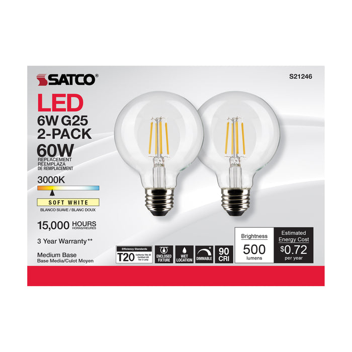 SATCO/NUVO 6W G25 LED Clear Medium Base 90 CRI 3000K 120V 2 Pack (S21246)