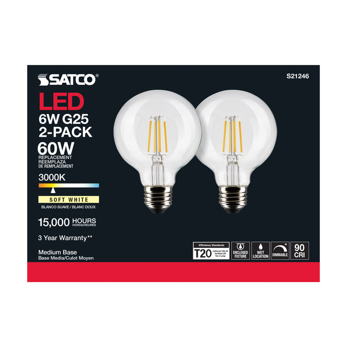 SATCO/NUVO 6W G25 LED Clear Medium Base 90 CRI 3000K 120V 2 Pack (S21246)