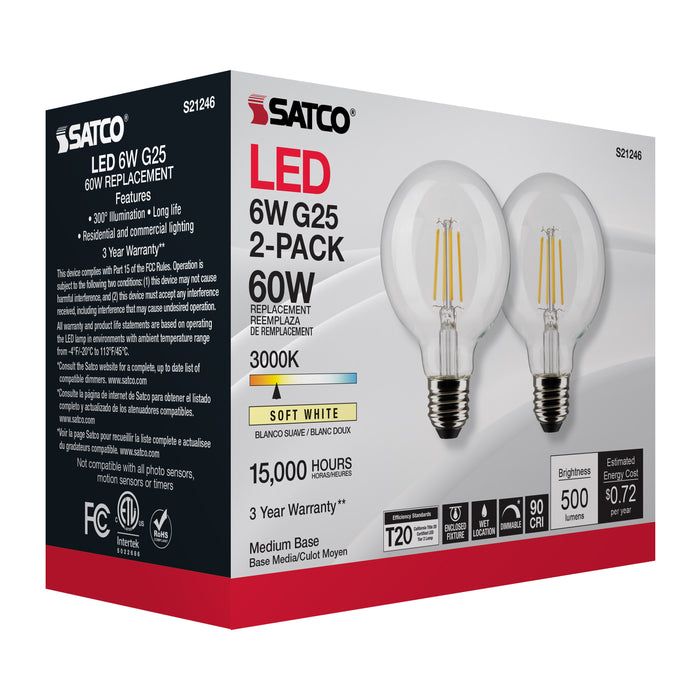 SATCO/NUVO 6W G25 LED Clear Medium Base 90 CRI 3000K 120V 2 Pack (S21246)