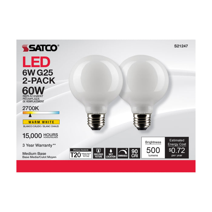 SATCO/NUVO 6W G25 LED White Medium Base 90 CRI 2700K 120V 2 Pack (S21247)