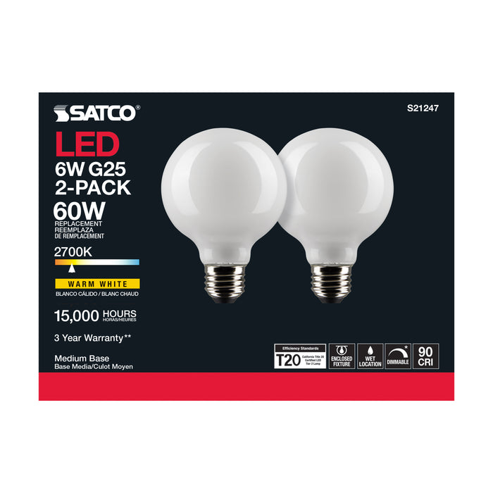 SATCO/NUVO 6W G25 LED White Medium Base 90 CRI 2700K 120V 2 Pack (S21247)