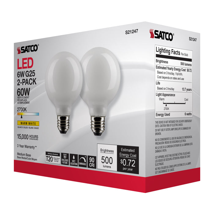 SATCO/NUVO 6W G25 LED White Medium Base 90 CRI 2700K 120V 2 Pack (S21247)