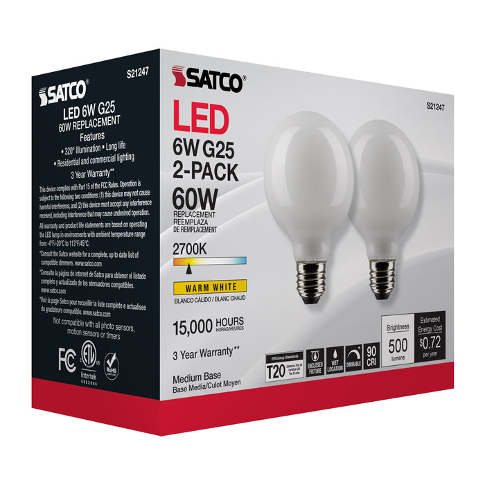 SATCO/NUVO 6W G25 LED White Medium Base 90 CRI 2700K 120V 2 Pack (S21247)