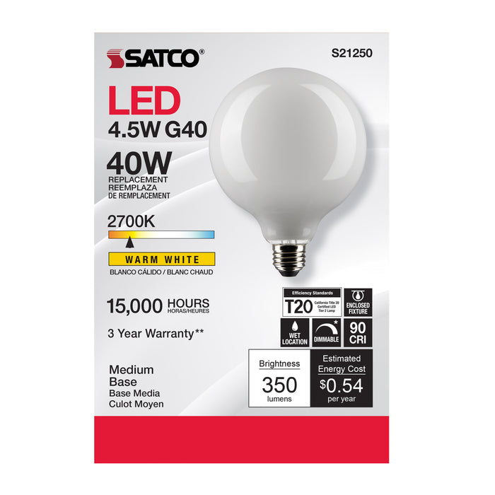SATCO/NUVO 4.5W G40 LED White Medium Base 90 CRI 2700K 120V (S21250)