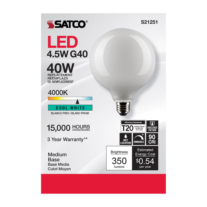 SATCO/NUVO 4.5W G40 LED White Medium Base 90 CRI 4000K 120V (S21251)