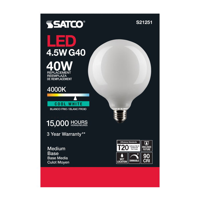 SATCO/NUVO 4.5W G40 LED White Medium Base 90 CRI 4000K 120V (S21251)