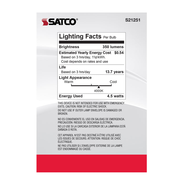 SATCO/NUVO 4.5W G40 LED White Medium Base 90 CRI 4000K 120V (S21251)