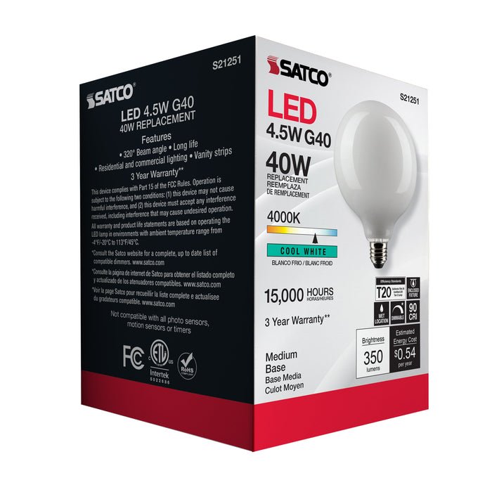 SATCO/NUVO 4.5W G40 LED White Medium Base 90 CRI 4000K 120V (S21251)