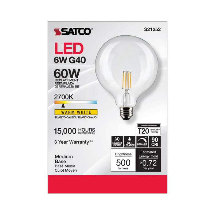 SATCO/NUVO 6W G40 LED Clear Medium Base 90 CRI 2700K 120V (S21252)