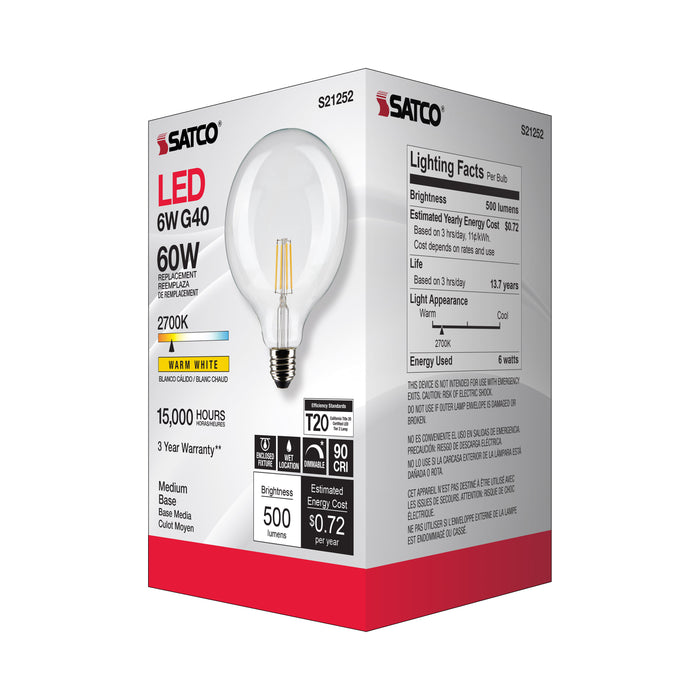 SATCO/NUVO 6W G40 LED Clear Medium Base 90 CRI 2700K 120V (S21252)