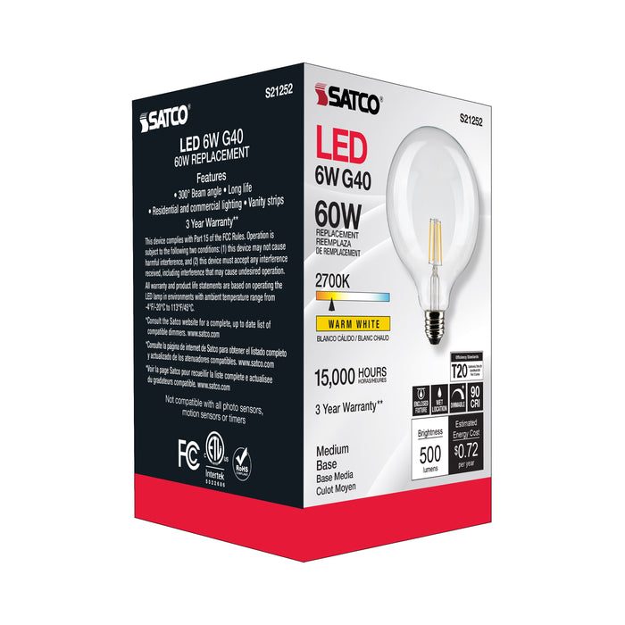 SATCO/NUVO 6W G40 LED Clear Medium Base 90 CRI 2700K 120V (S21252)