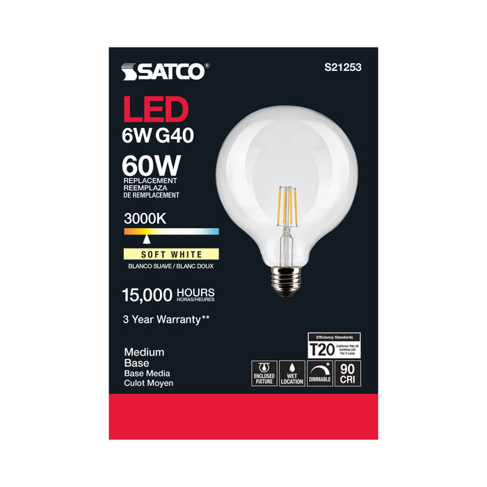 SATCO/NUVO 6W G40 LED Clear Medium Base 90 CRI 3000K 120V (S21253)