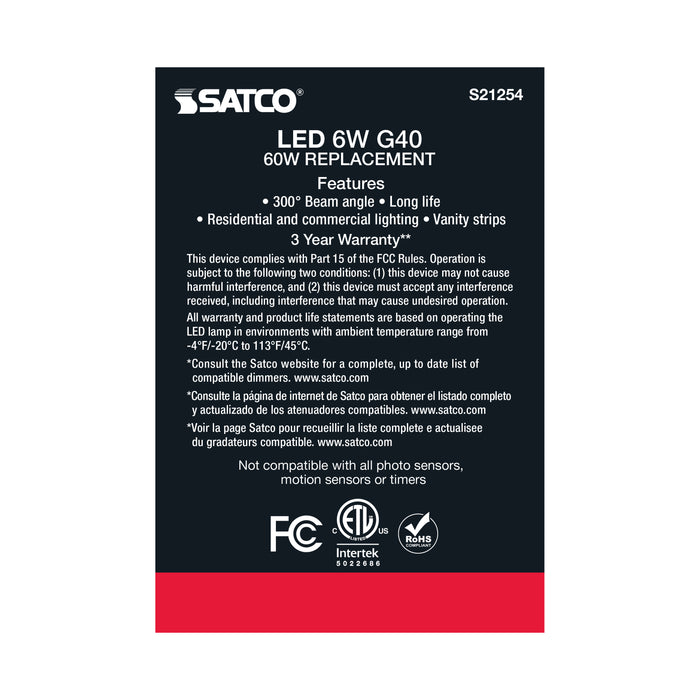 SATCO/NUVO 6W G40 LED Clear Medium Base 90 CRI 4000K 120V (S21254)
