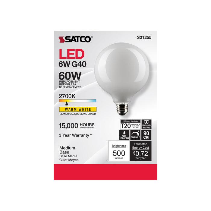 SATCO/NUVO 6W G40 LED White Medium Base 90 CRI 2700K 120V (S21255)