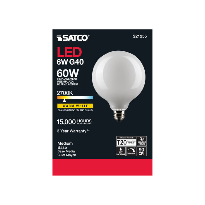 SATCO/NUVO 6W G40 LED White Medium Base 90 CRI 2700K 120V (S21255)