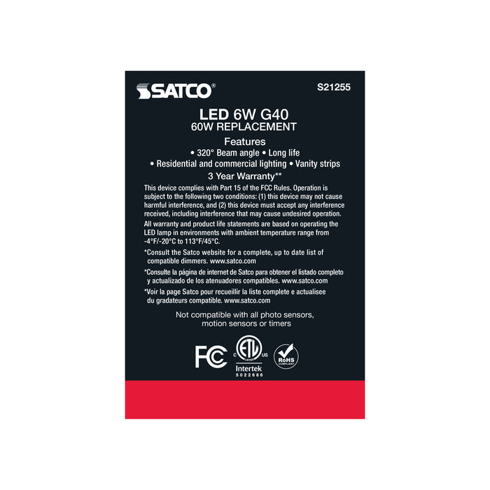 SATCO/NUVO 6W G40 LED White Medium Base 90 CRI 2700K 120V (S21255)