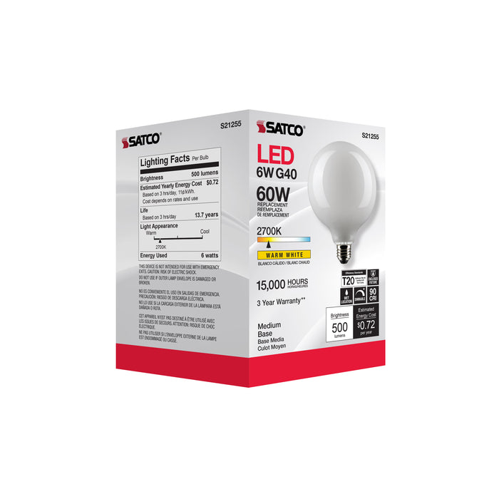 SATCO/NUVO 6W G40 LED White Medium Base 90 CRI 2700K 120V (S21255)