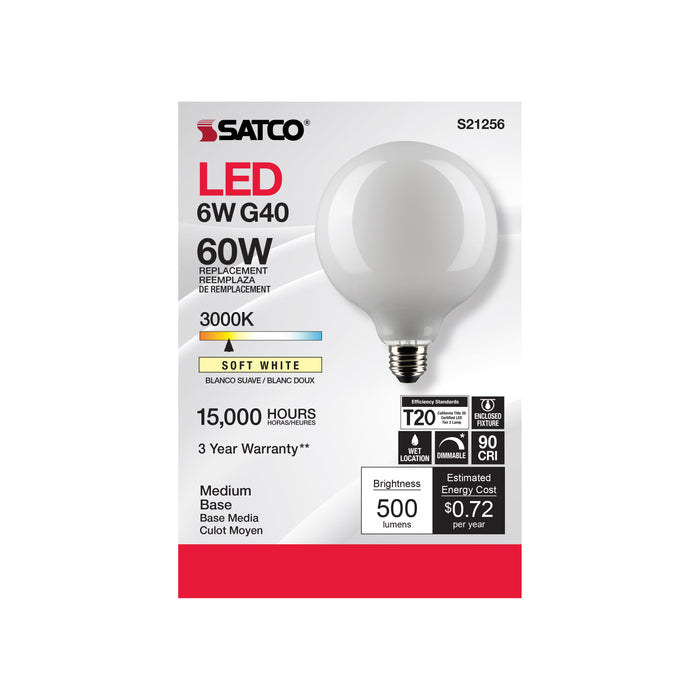 SATCO/NUVO 6W G40 LED White Medium Base 90 CRI 3000K 120V (S21256)
