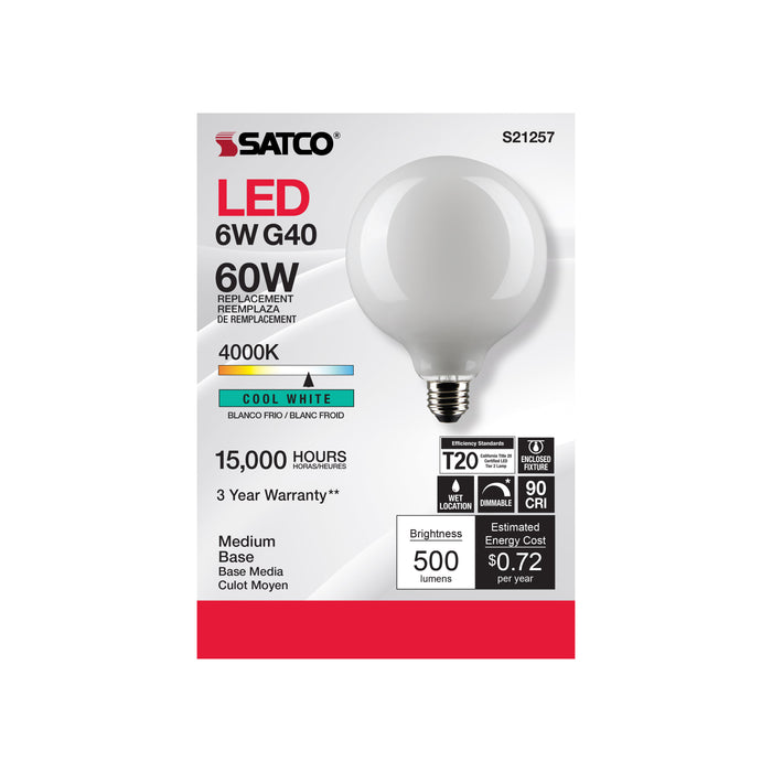 SATCO/NUVO 6W G40 LED White Medium Base 90 CRI 4000K 120V (S21257)