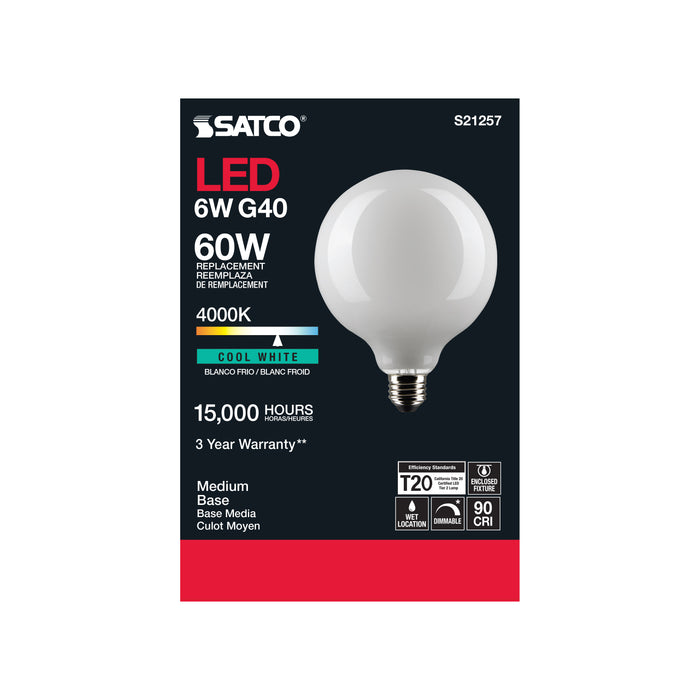 SATCO/NUVO 6W G40 LED White Medium Base 90 CRI 4000K 120V (S21257)