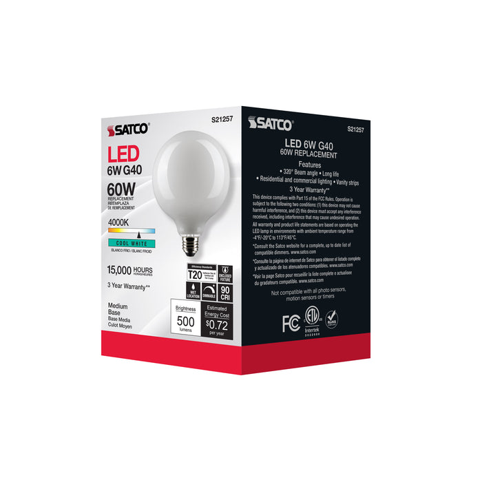 SATCO/NUVO 6W G40 LED White Medium Base 90 CRI 4000K 120V (S21257)