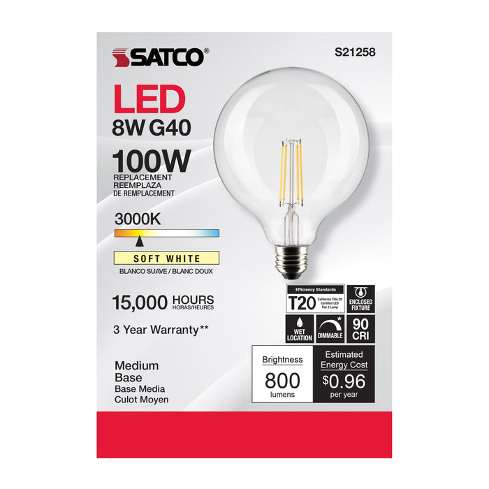 SATCO/NUVO 8W G40 LED Clear Medium Base 90 CRI 3000K 120V (S21258)