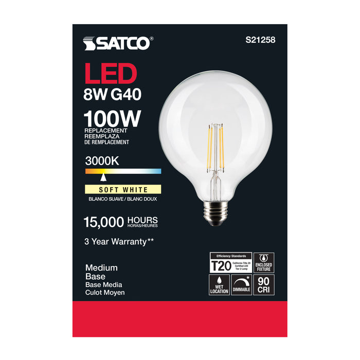 SATCO/NUVO 8W G40 LED Clear Medium Base 90 CRI 3000K 120V (S21258)