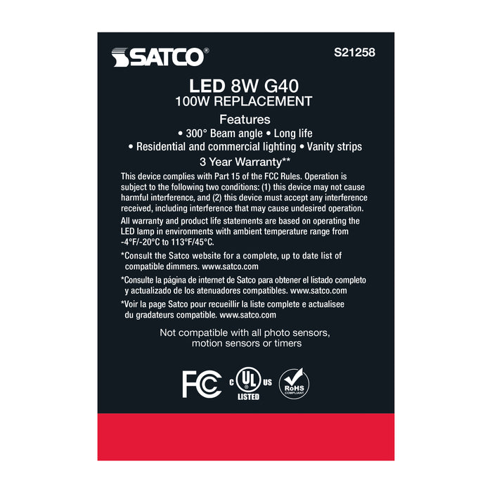 SATCO/NUVO 8W G40 LED Clear Medium Base 90 CRI 3000K 120V (S21258)