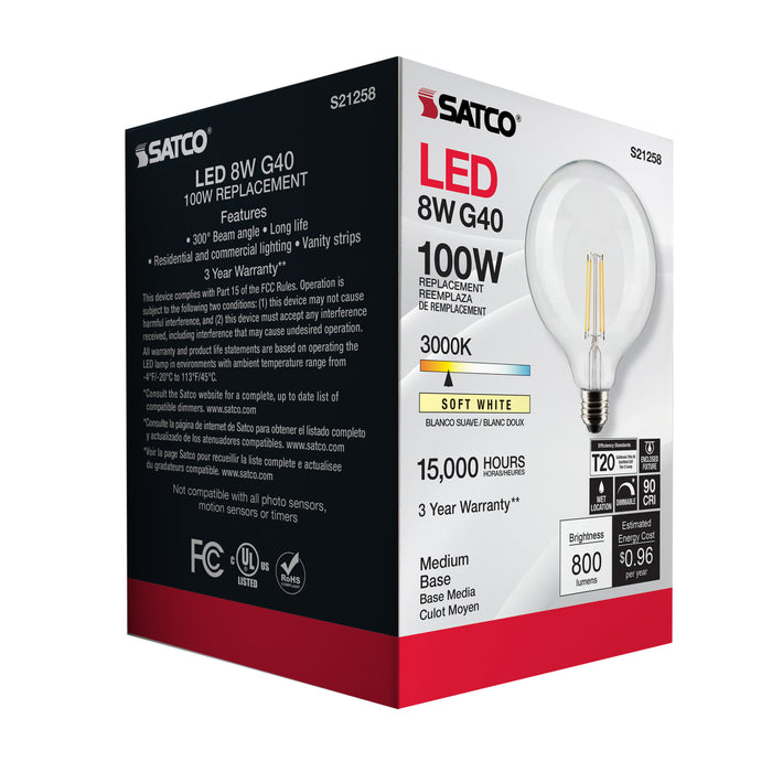 SATCO/NUVO 8W G40 LED Clear Medium Base 90 CRI 3000K 120V (S21258)