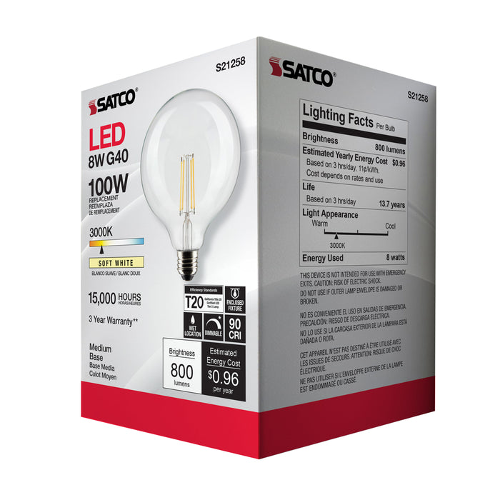 SATCO/NUVO 8W G40 LED Clear Medium Base 90 CRI 3000K 120V (S21258)