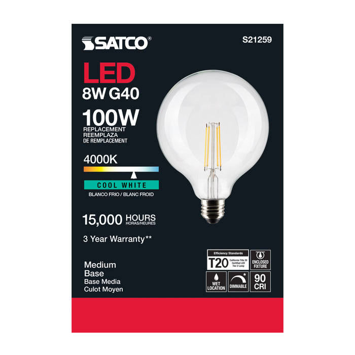 SATCO/NUVO 8W G40 LED Clear Medium Base 90 CRI 4000K 120V (S21259)