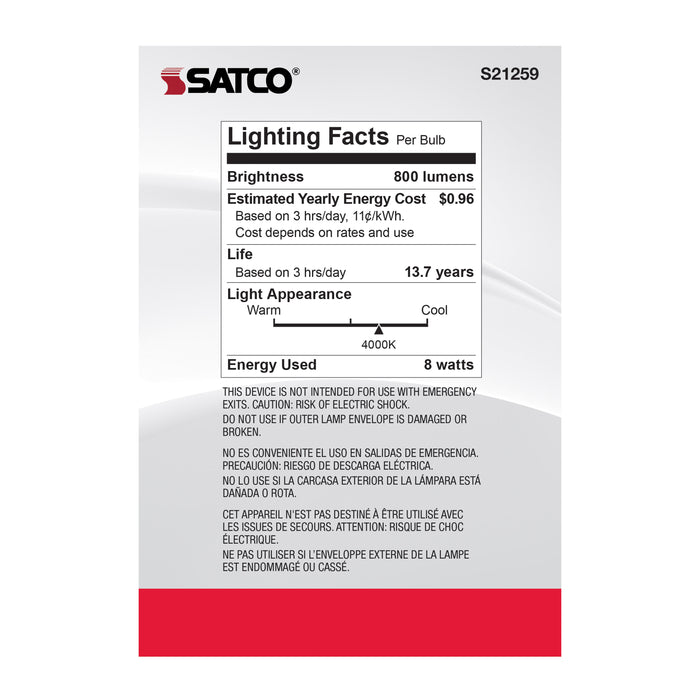 SATCO/NUVO 8W G40 LED Clear Medium Base 90 CRI 4000K 120V (S21259)