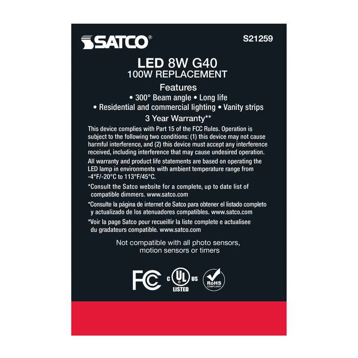 SATCO/NUVO 8W G40 LED Clear Medium Base 90 CRI 4000K 120V (S21259)