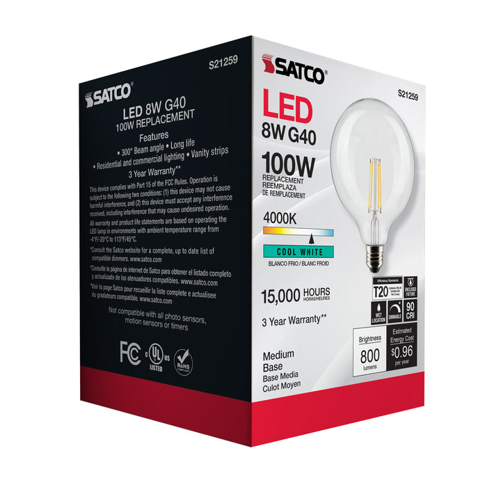 SATCO/NUVO 8W G40 LED Clear Medium Base 90 CRI 4000K 120V (S21259)