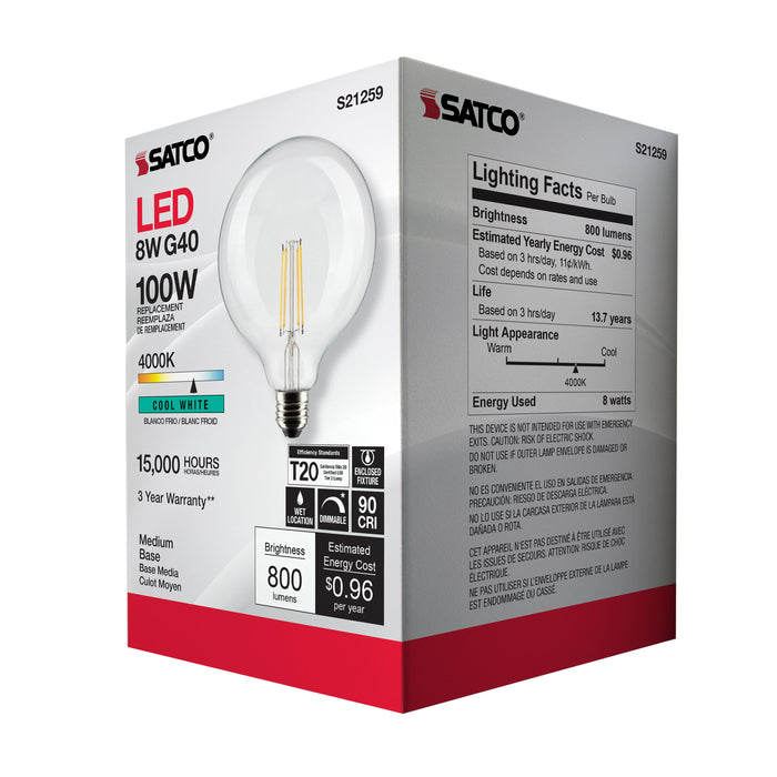 SATCO/NUVO 8W G40 LED Clear Medium Base 90 CRI 4000K 120V (S21259)