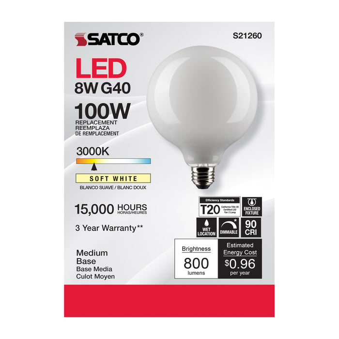 SATCO/NUVO 8W G40 LED White Medium Base 90 CRI 3000K 120V (S21260)