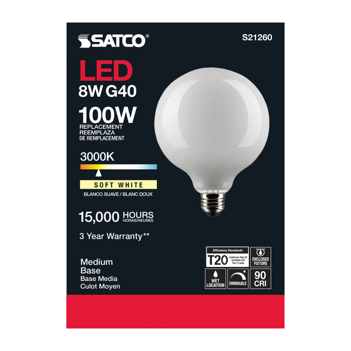 SATCO/NUVO 8W G40 LED White Medium Base 90 CRI 3000K 120V (S21260)