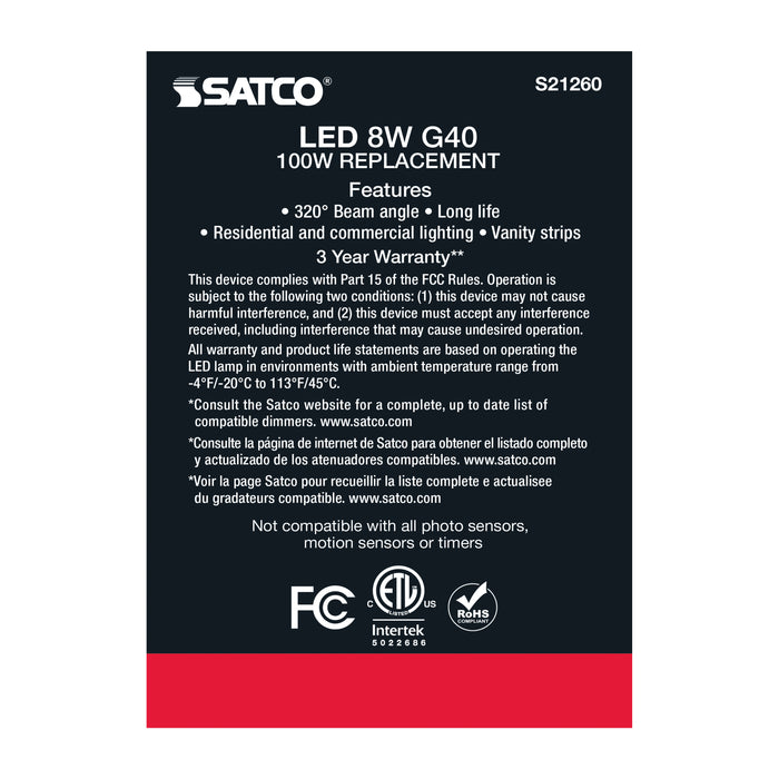 SATCO/NUVO 8W G40 LED White Medium Base 90 CRI 3000K 120V (S21260)
