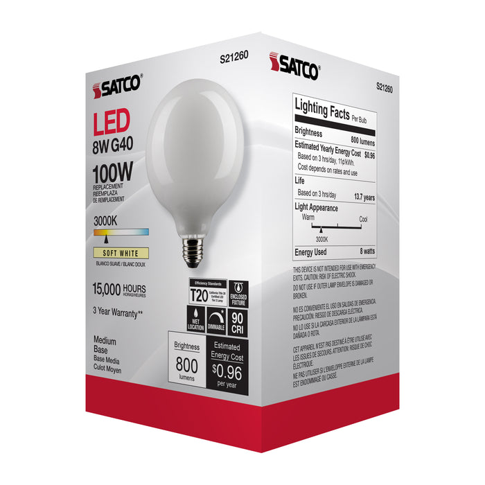 SATCO/NUVO 8W G40 LED White Medium Base 90 CRI 3000K 120V (S21260)