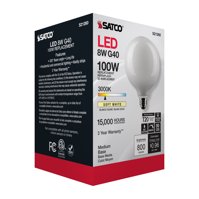 SATCO/NUVO 8W G40 LED White Medium Base 90 CRI 3000K 120V (S21260)