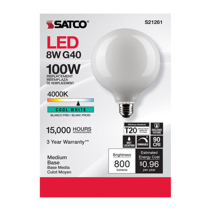 SATCO/NUVO 8W G40 LED White Medium Base 90 CRI 4000K 120V (S21261)