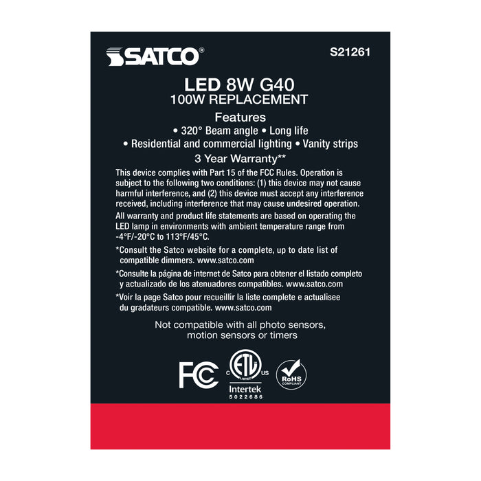 SATCO/NUVO 8W G40 LED White Medium Base 90 CRI 4000K 120V (S21261)