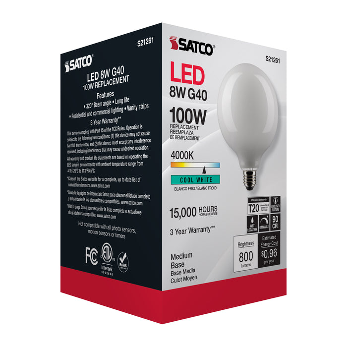 SATCO/NUVO 8W G40 LED White Medium Base 90 CRI 4000K 120V (S21261)